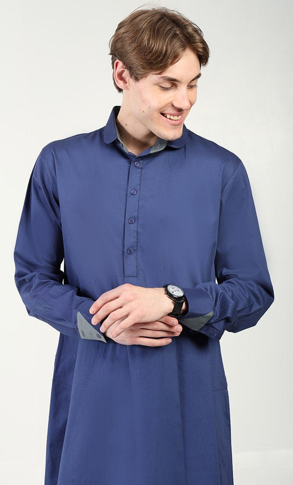 Men?? Cotton Twill Thobe/Jubba with Convertible Collar & Cuffs - Blue - EastEssence.com