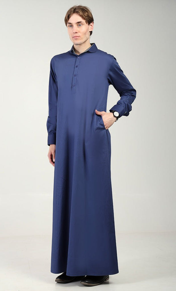 Men’s Cotton Twill Thobe/Jubba with Convertible Collar & Cuffs - Blue - EastEssence.com