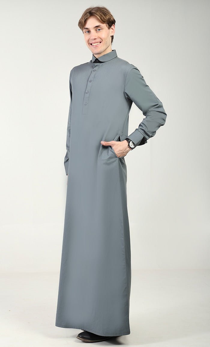 Men?? Cotton Twill Thobe/Jubba with Convertible Collar & Cuffs - Grey - EastEssence.com