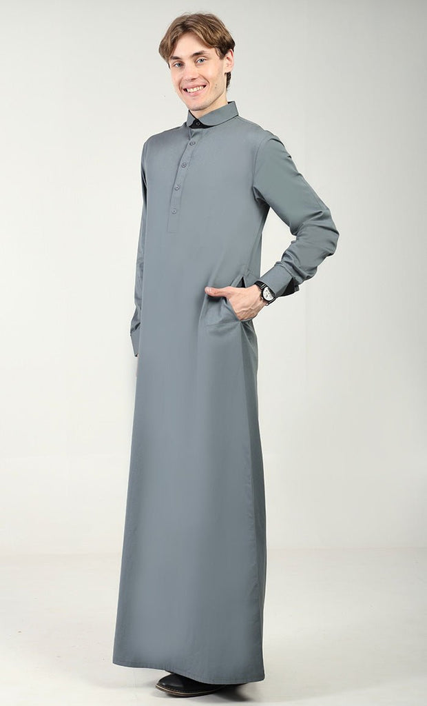 Men’s Cotton Twill Thobe/Jubba with Convertible Collar & Cuffs - Grey - EastEssence.com