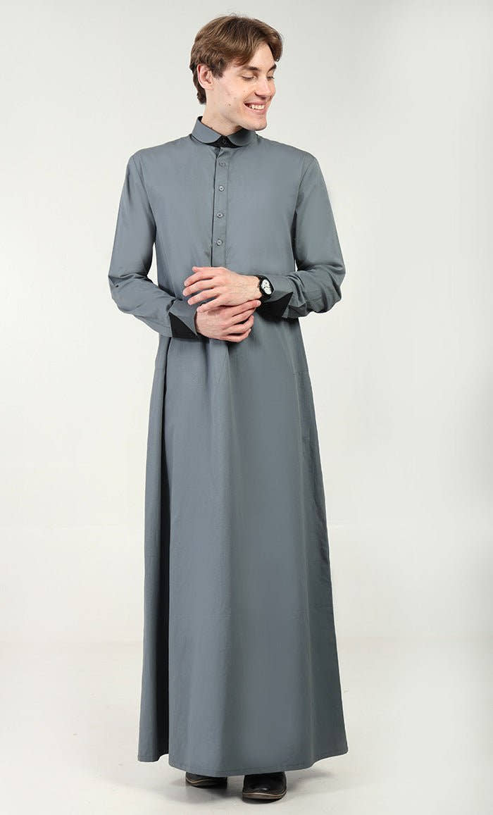 Men?? Cotton Twill Thobe/Jubba with Convertible Collar & Cuffs - Grey - EastEssence.com