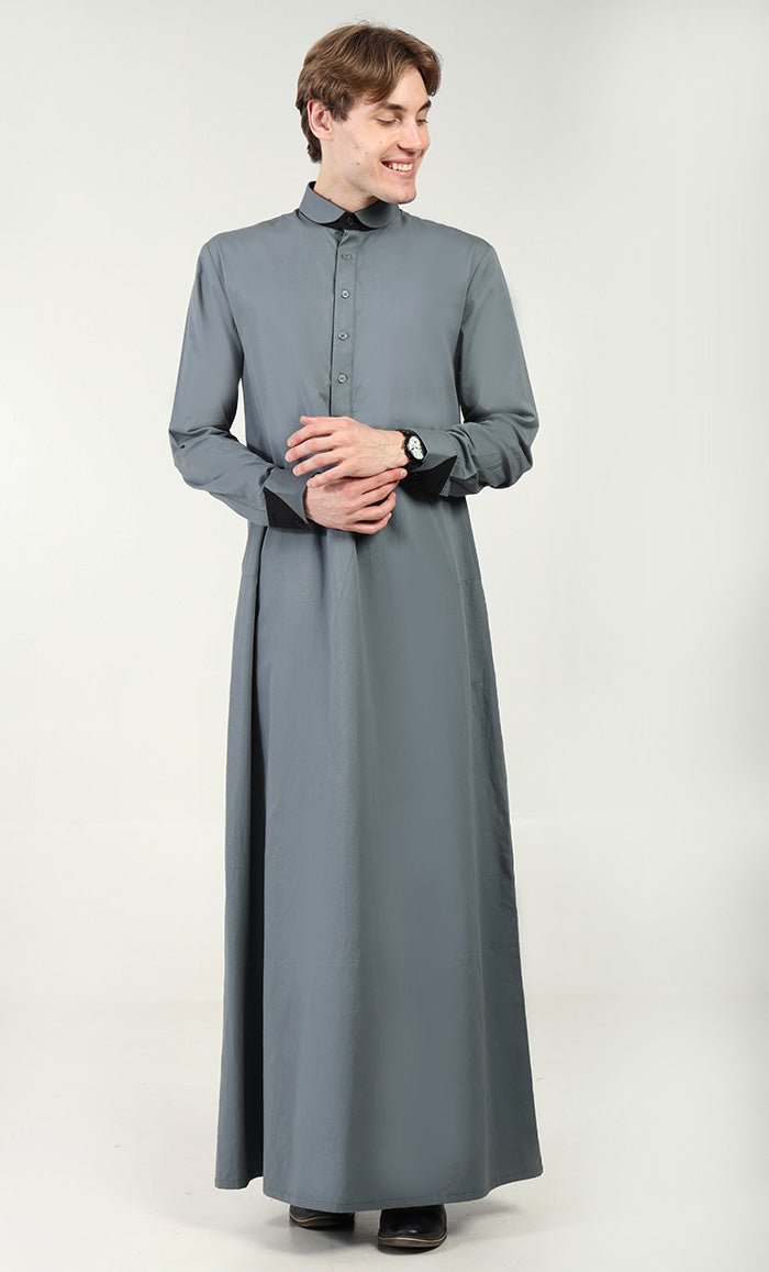 Men?? Cotton Twill Thobe/Jubba with Convertible Collar & Cuffs - Grey - EastEssence.com