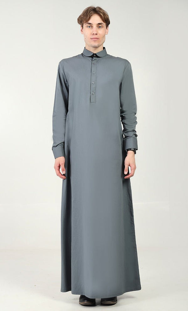 Men?? Cotton Twill Thobe/Jubba with Convertible Collar & Cuffs - Grey - EastEssence.com