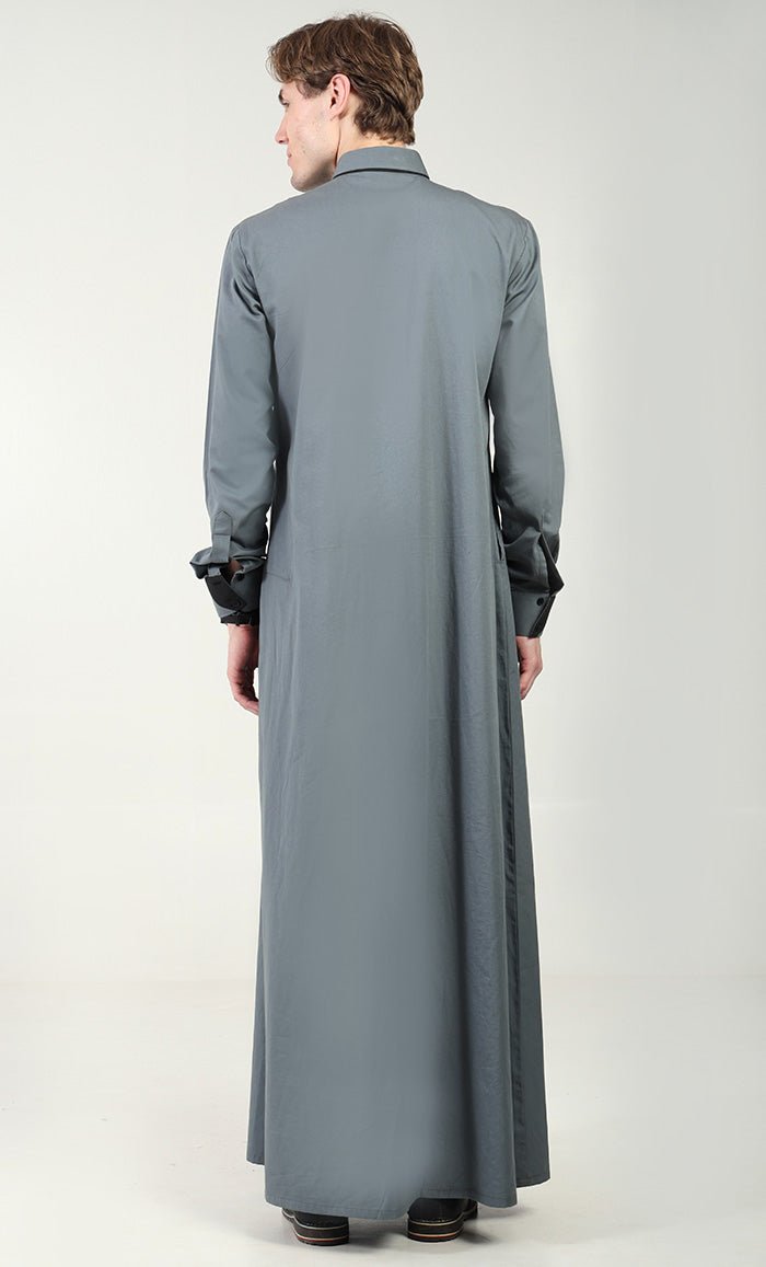 Men?? Cotton Twill Thobe/Jubba with Convertible Collar & Cuffs - Grey - EastEssence.com