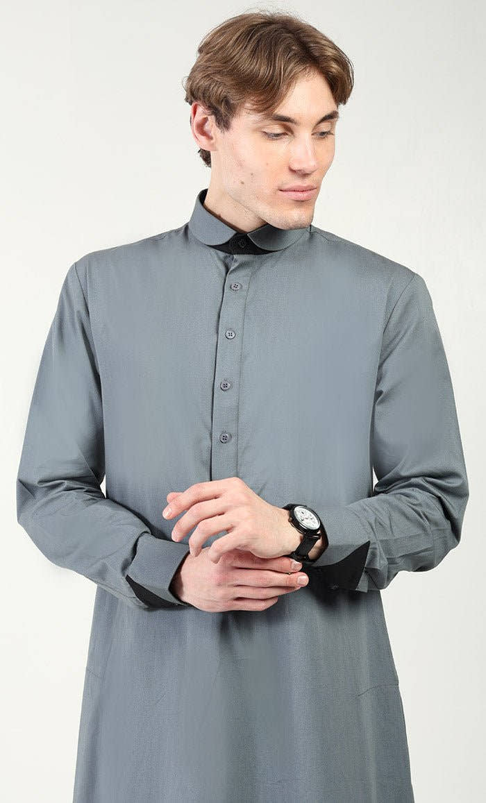 Men?? Cotton Twill Thobe/Jubba with Convertible Collar & Cuffs - Grey - EastEssence.com