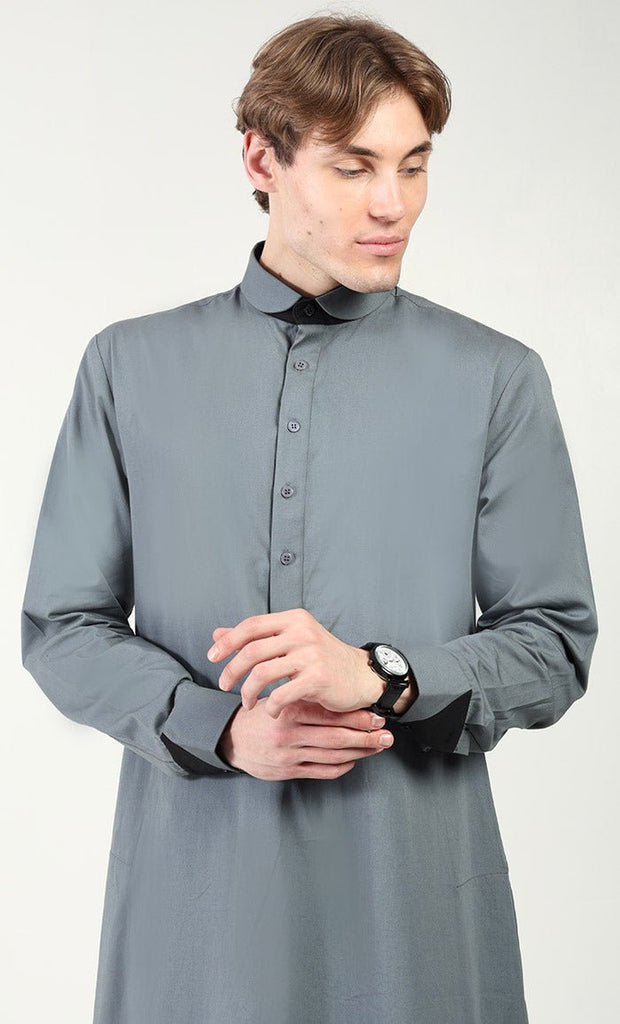 Men’s Cotton Twill Thobe/Jubba with Convertible Collar & Cuffs - Grey - EastEssence.com