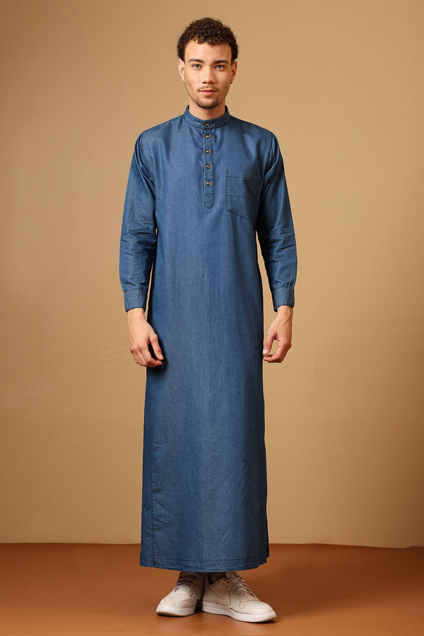 Men’s Denim Thobe with Mandarin Collar - EastEssence.com