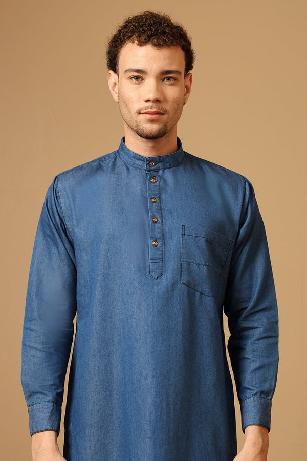 Men’s Denim Thobe with Mandarin Collar - EastEssence.com