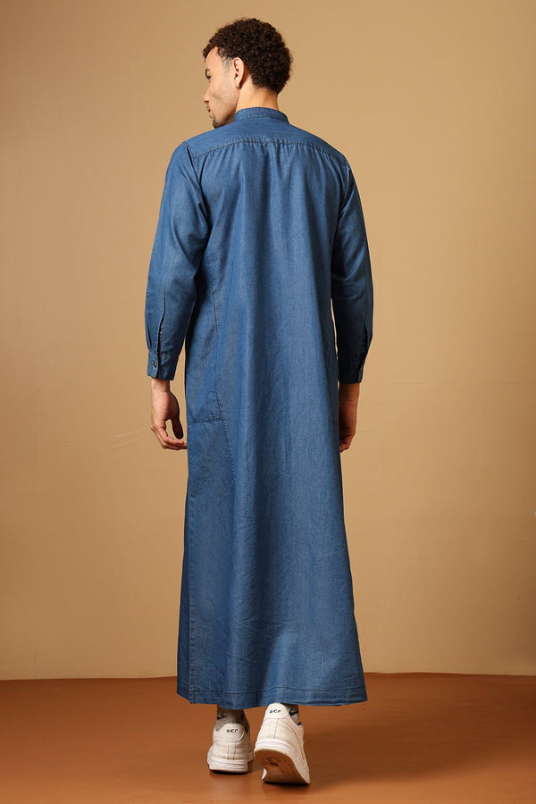 Men’s Denim Thobe with Mandarin Collar - EastEssence.com