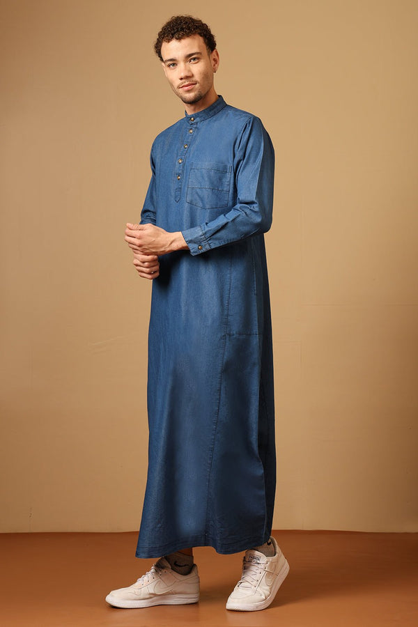 Men’s Denim Thobe with Mandarin Collar - EastEssence.com