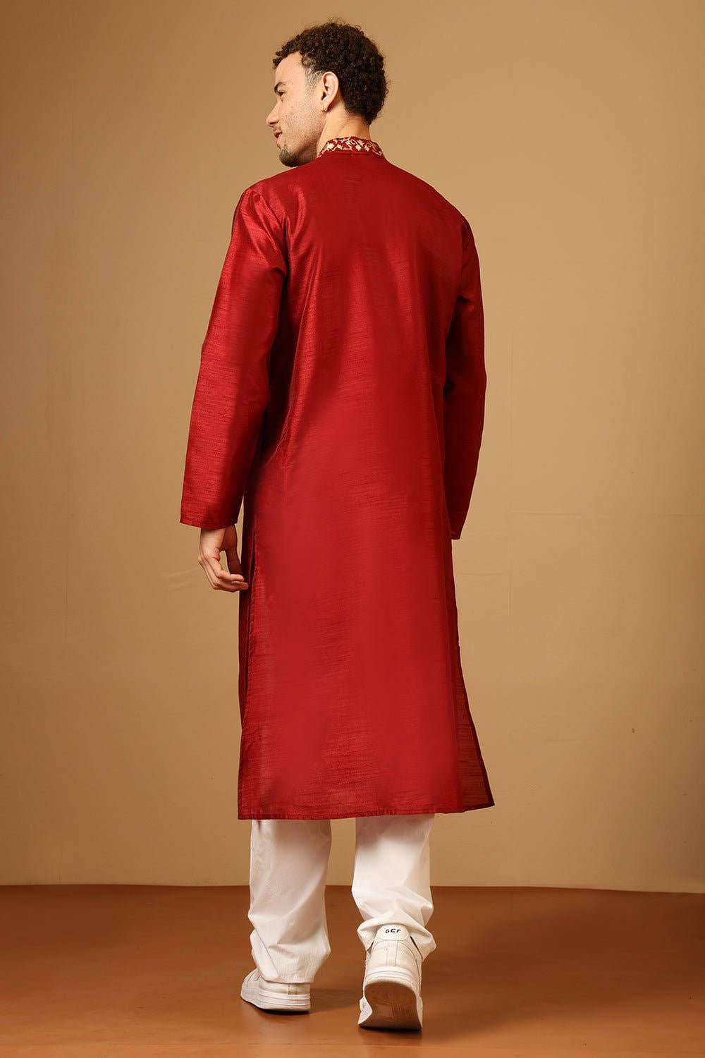 Men’s Dupion Silk Embroidered Tunic with Slit Collar - EastEssence.com