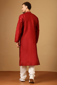 Men’s Dupion Silk Embroidered Tunic with Slit Collar - EastEssence.com