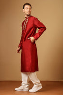 Men’s Dupion Silk Embroidered Tunic with Slit Collar - EastEssence.com