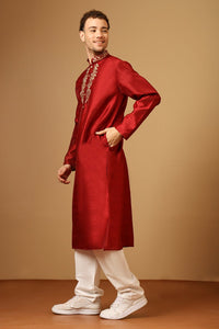 Men’s Dupion Silk Embroidered Tunic with Slit Collar - EastEssence.com