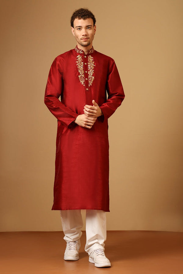 Men’s Dupion Silk Embroidered Tunic with Slit Collar - EastEssence.com