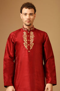 Men’s Dupion Silk Embroidered Tunic with Slit Collar - EastEssence.com
