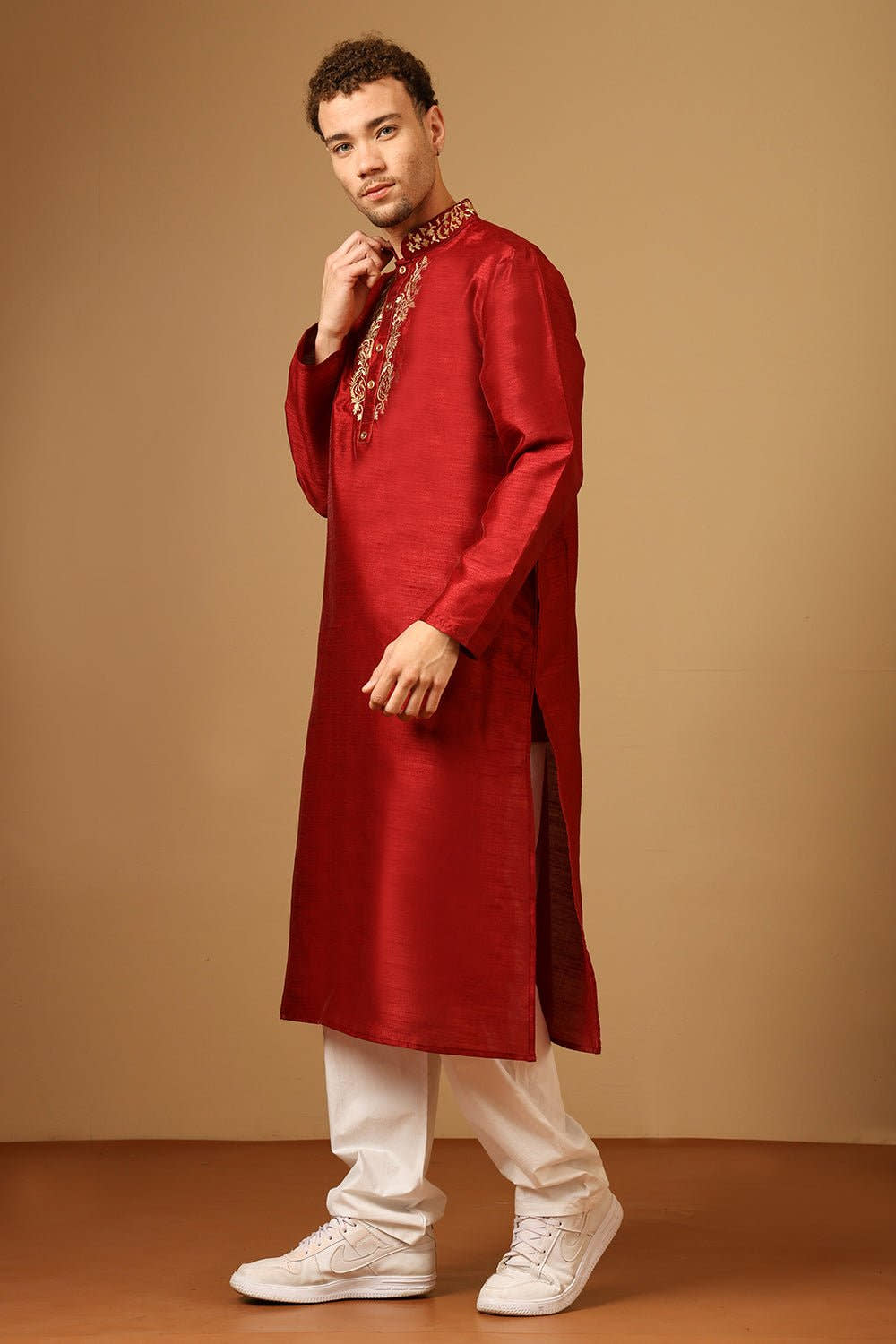 Men’s Dupion Silk Embroidered Tunic with Slit Collar - EastEssence.com