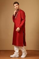 Men’s Dupion Silk Embroidered Tunic with Slit Collar - EastEssence.com