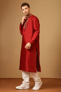 Men’s Dupion Silk Embroidered Tunic with Slit Collar - EastEssence.com