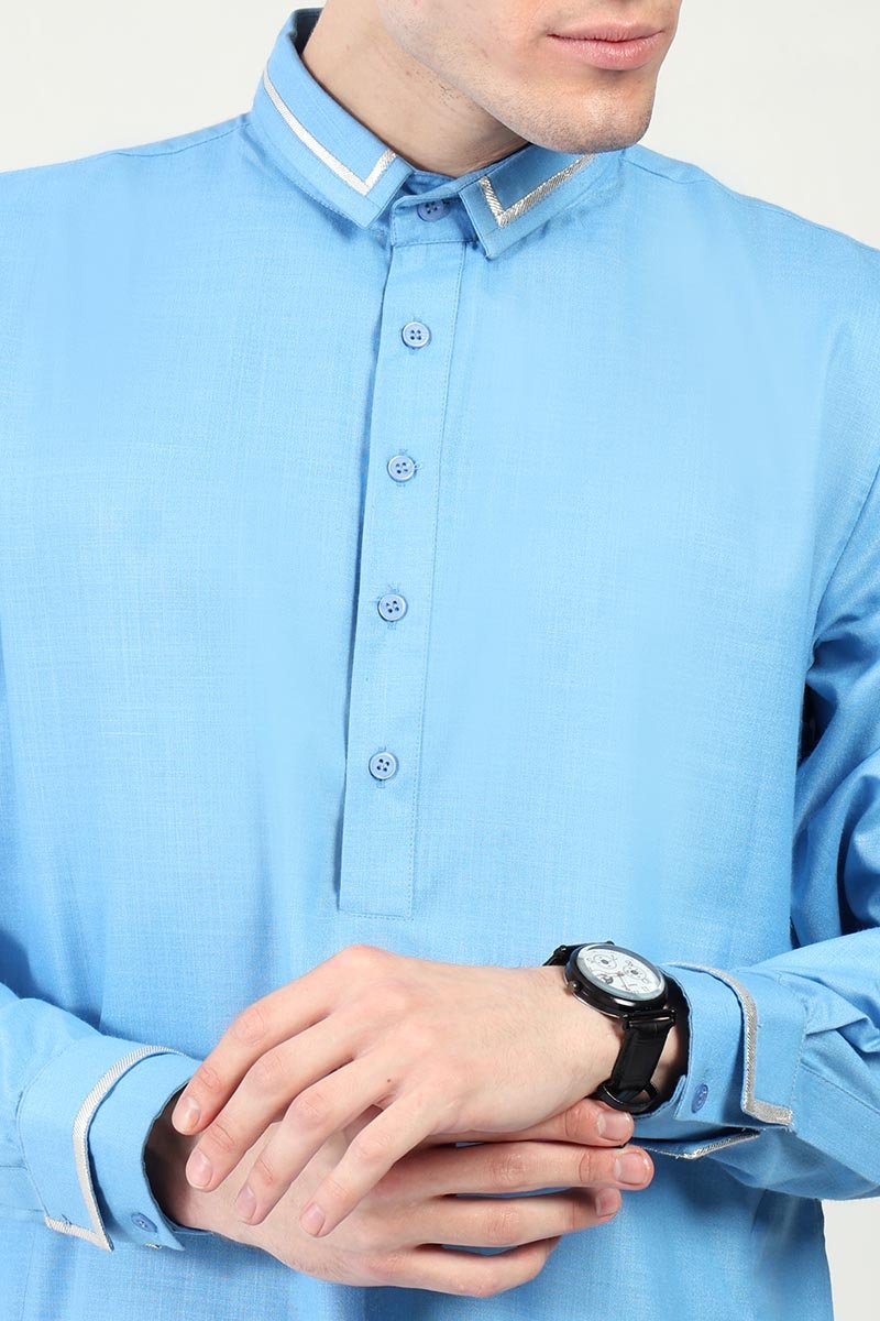 Men?? Elegant Polyester Poplin Thobe/Jubba with Silver Detailing - EastEssence.com