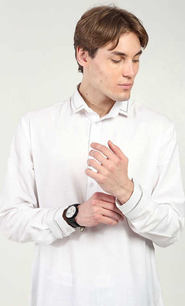 Men?? Elegant Polyester Poplin Thobe/Jubba with Silver Detailing - EastEssence.com