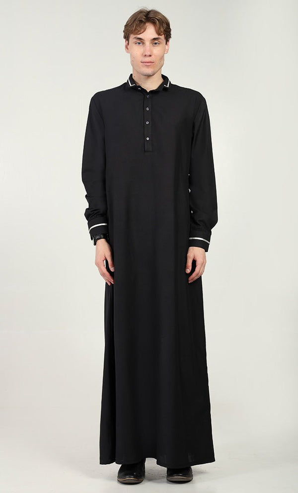 Men?? Elegant Polyester Poplin Thobe/Jubba with Silver Detailing - Black - EastEssence.com