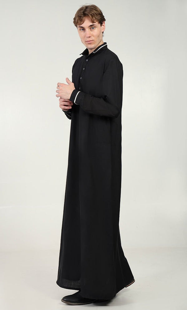 Men?? Elegant Polyester Poplin Thobe/Jubba with Silver Detailing - Black - EastEssence.com