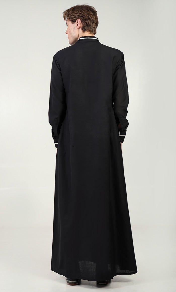 Men?? Elegant Polyester Poplin Thobe/Jubba with Silver Detailing - Black - EastEssence.com
