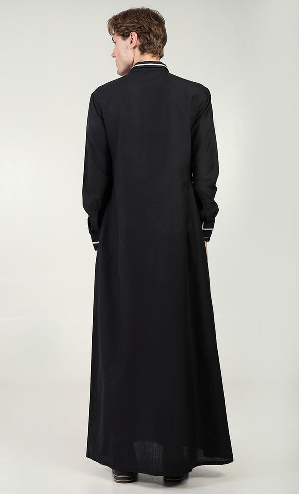 Men?? Elegant Polyester Poplin Thobe/Jubba with Silver Detailing - Black - EastEssence.com