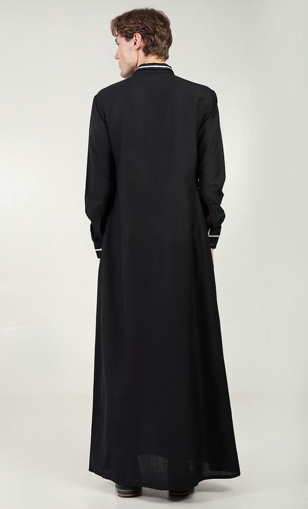 Men’s Elegant Polyester Poplin Thobe/Jubba with Silver Detailing - Black - EastEssence.com