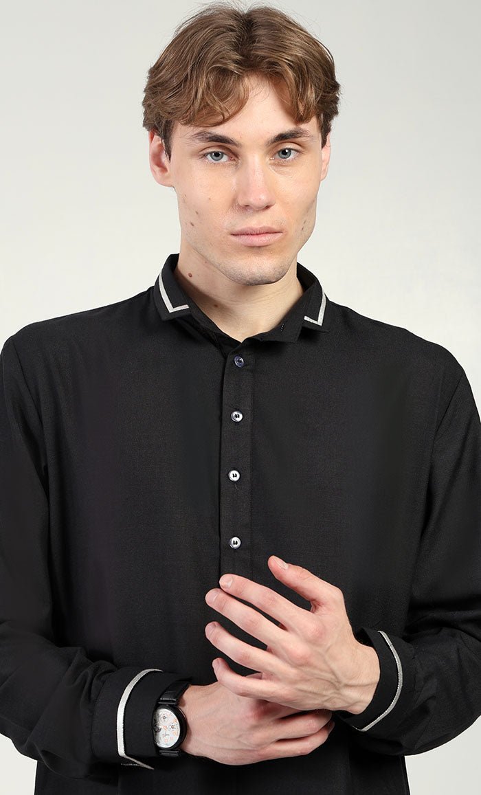 Men?? Elegant Polyester Poplin Thobe/Jubba with Silver Detailing - Black - EastEssence.com