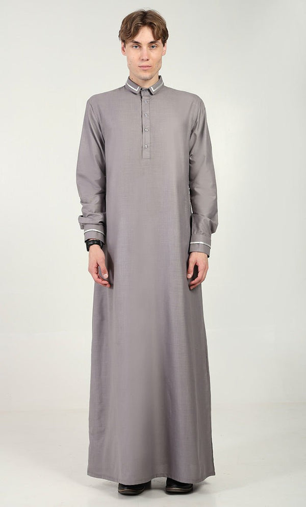 Men?? Elegant Polyester Poplin Thobe/Jubba with Silver Detailing - Grey - EastEssence.com