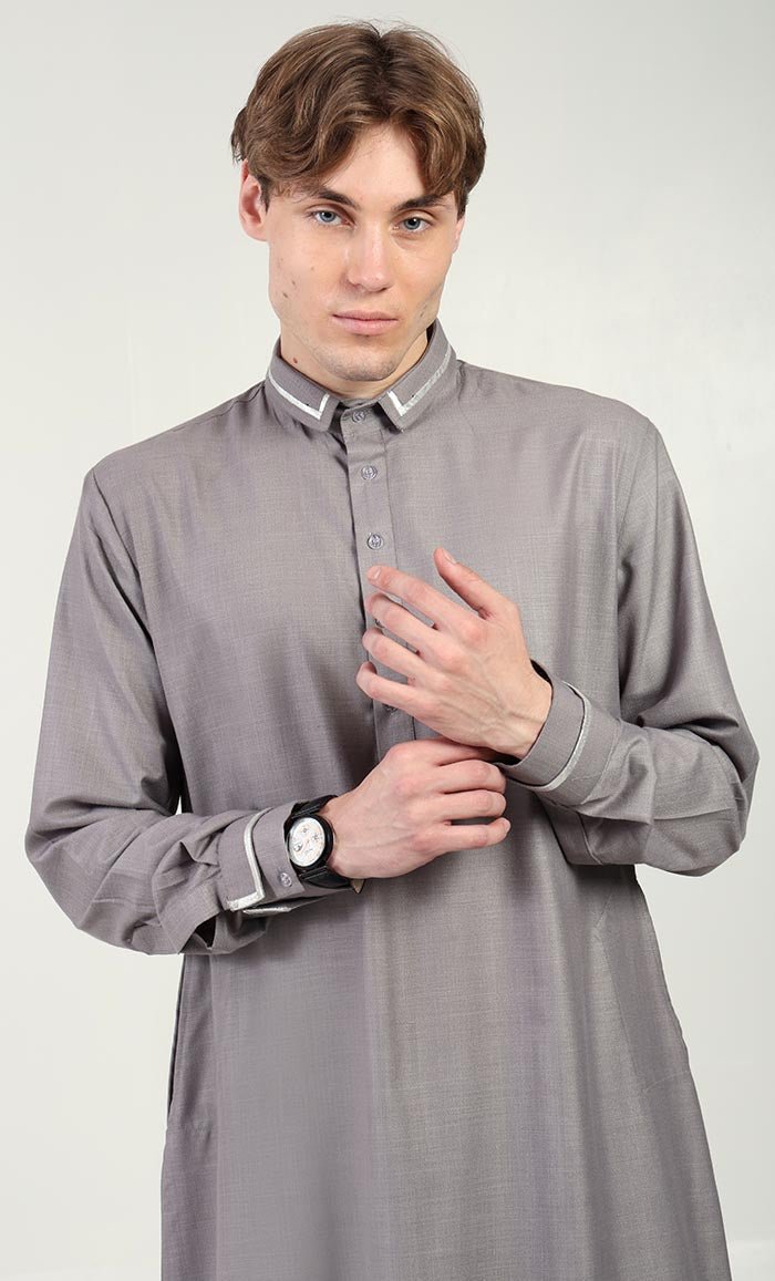 Men?? Elegant Polyester Poplin Thobe/Jubba with Silver Detailing - Grey - EastEssence.com