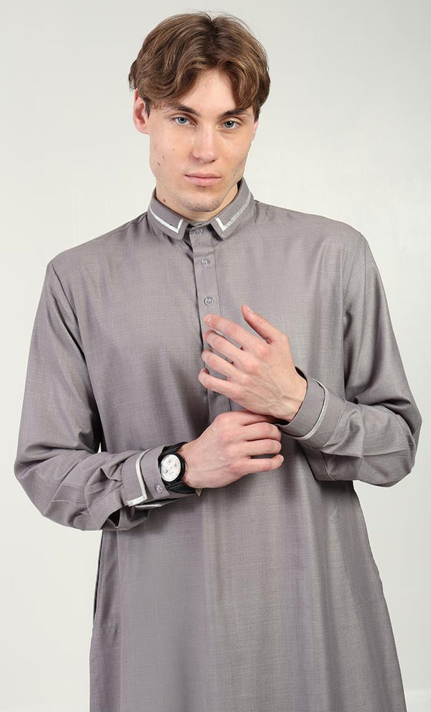 Men’s Elegant Polyester Poplin Thobe/Jubba with Silver Detailing - Grey - EastEssence.com