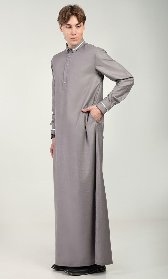 Men?? Elegant Polyester Poplin Thobe/Jubba with Silver Detailing - Grey - EastEssence.com
