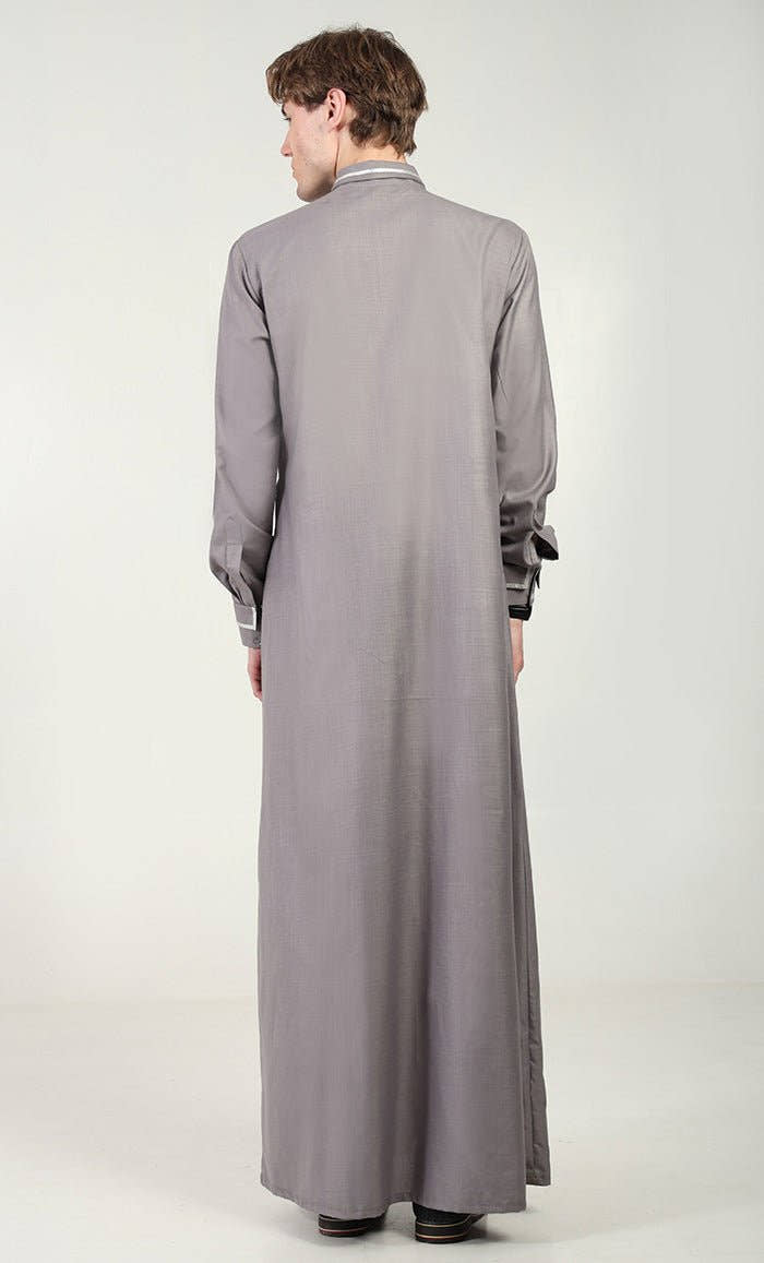 Men?? Elegant Polyester Poplin Thobe/Jubba with Silver Detailing - Grey - EastEssence.com