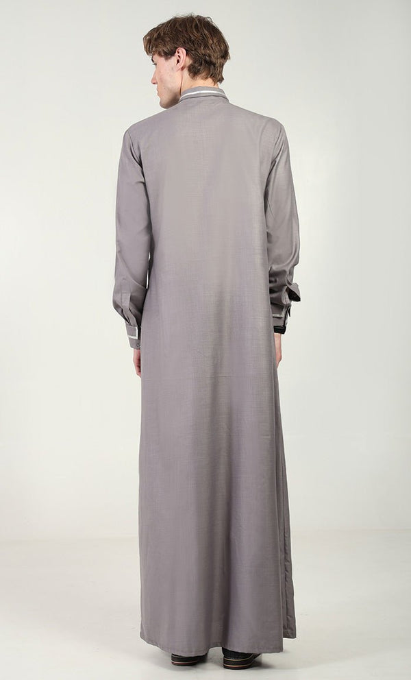 Men?? Elegant Polyester Poplin Thobe/Jubba with Silver Detailing - Grey - EastEssence.com