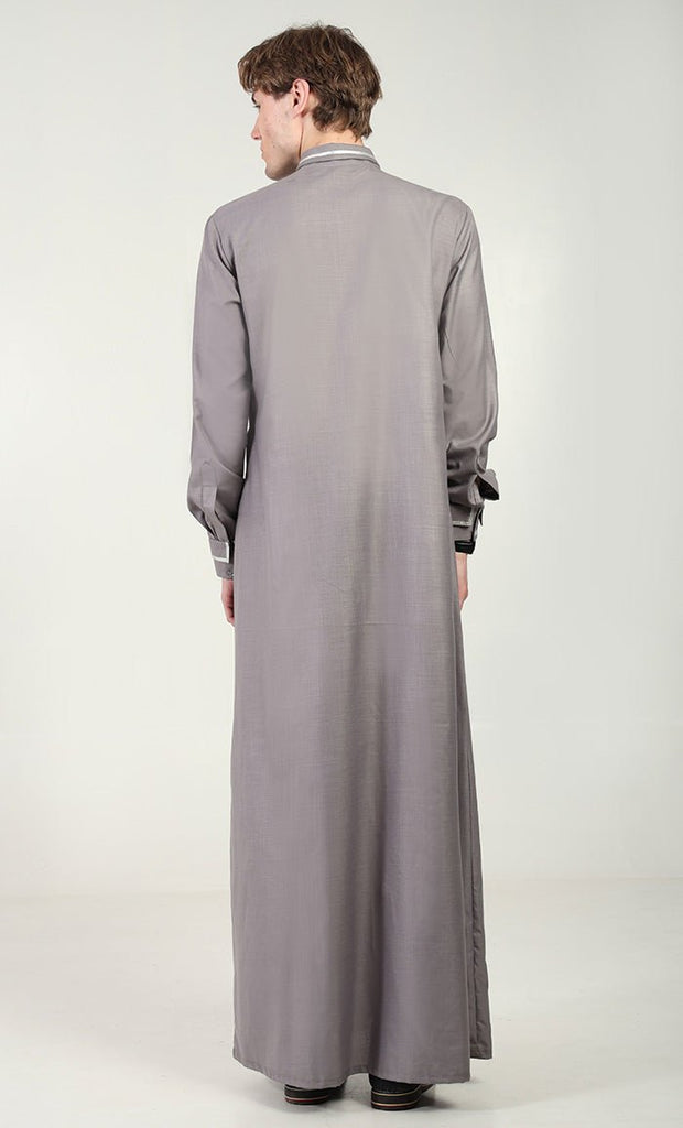 Men’s Elegant Polyester Poplin Thobe/Jubba with Silver Detailing - Grey - EastEssence.com