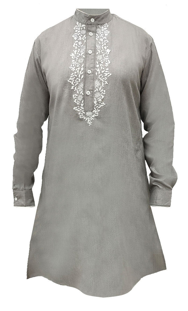 Men's Everyday wear Grey Embroidered Kurta With Pockets - Final Sale - EastEssence.com