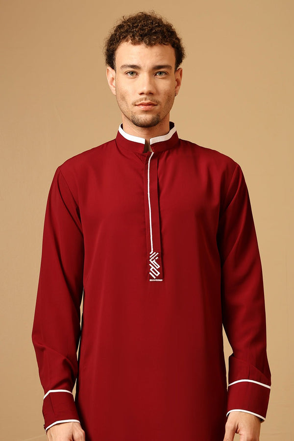 Men’s Nida Thobe with Contrast Piping & Embroidered Chest - EastEssence.com