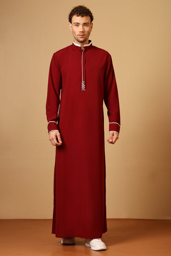 Men’s Nida Thobe with Contrast Piping & Embroidered Chest - EastEssence.com