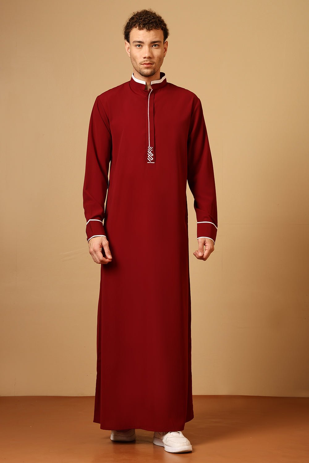Men’s Nida Thobe with Contrast Piping & Embroidered Chest - EastEssence.com