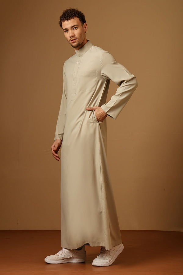 Men’s Poly Cotton Thobe with Band Collar & Side Pockets - EastEssence.com