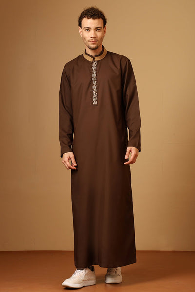 Men’s Polyester Poplin Thobe with Embroidered Accent Placket