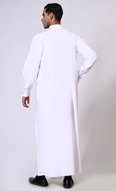 Men's White Thobe with Geometrical Embroidery detailing and Pockets - Final Sale - EastEssence.com