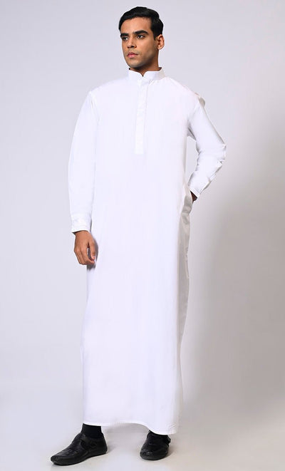 Men's White Thobe with Geometrical Embroidery detailing and Pockets - Final Sale - EastEssence.com