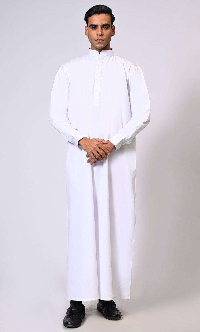 Men's White Thobe with Geometrical Embroidery detailing and Pockets - Final Sale - EastEssence.com