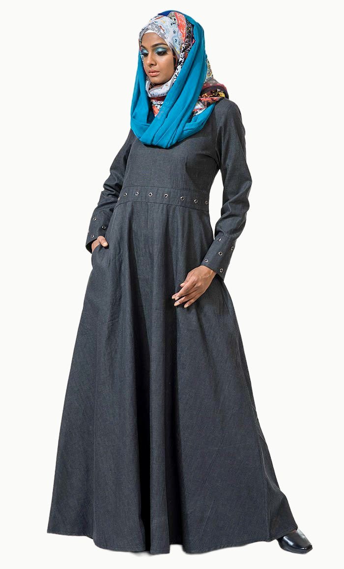 Metallic eyelets detail flared abaya dress - EastEssence.com