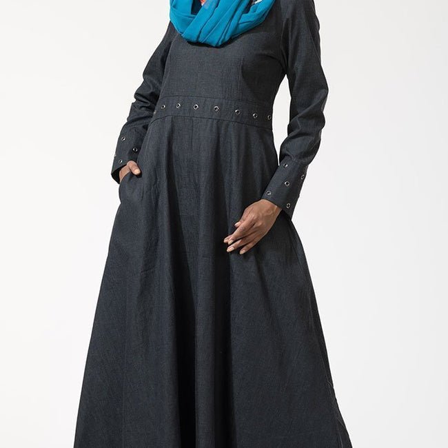 Metallic eyelets detail flared abaya dress - EastEssence.com
