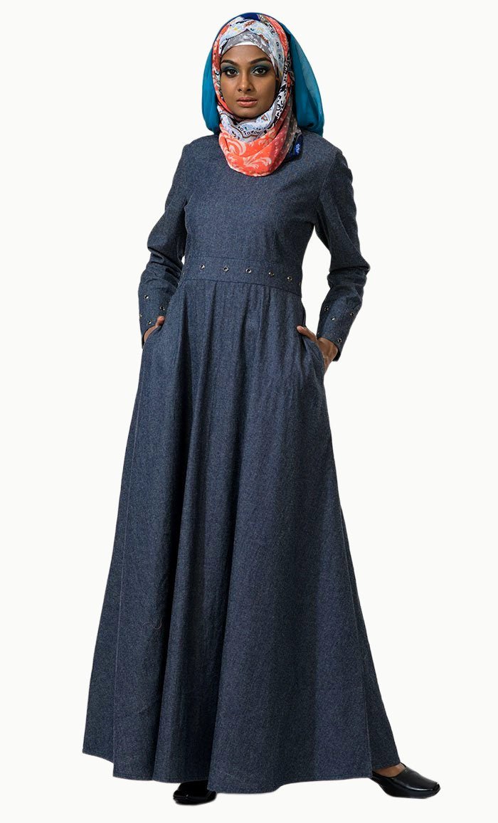 Metallic eyelets detail flared abaya dress - EastEssence.com